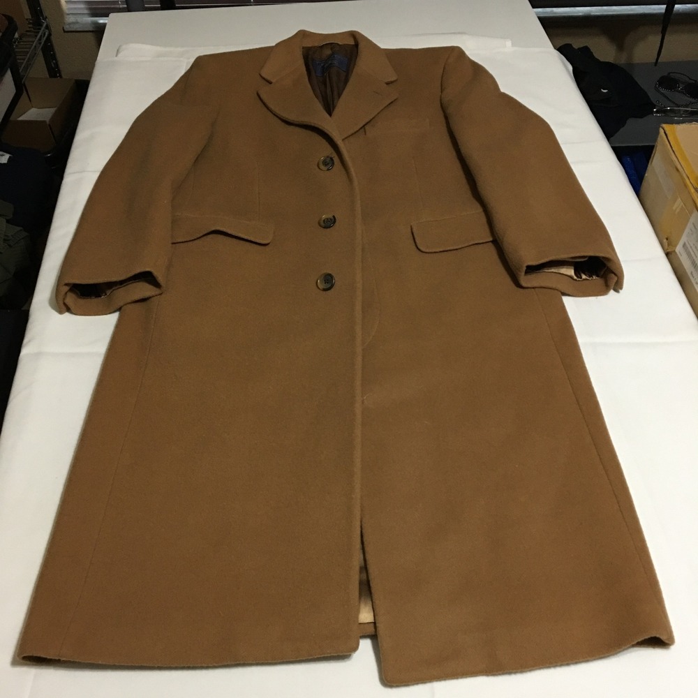 Vintage Burberrys Overcoat Mens 46R Large Camel Brown Wool Long Coat